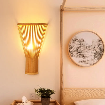 Traditional Japanese Tapered Bamboo 1-Light Wall Sconce Lamp For Bedroom