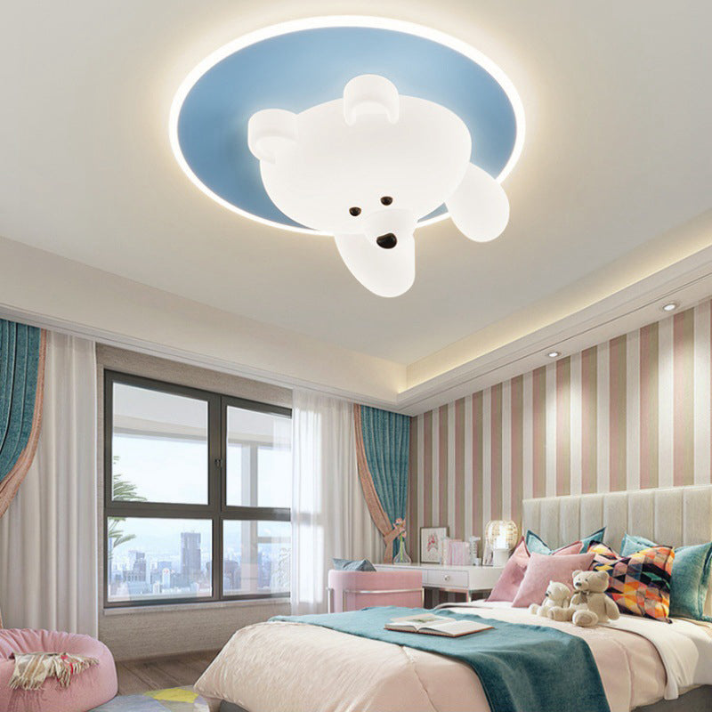 Modern Art Deco Round Cloud Bear Acrylic Iron LED Flush Mount Ceiling Light For Bedroom