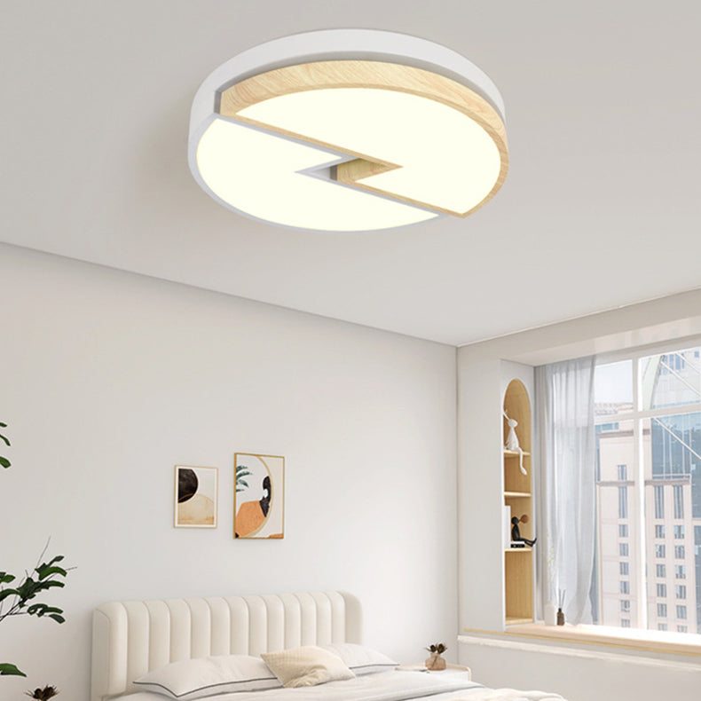 Contemporary Nordic Round Wood Grain Lightning Iron Acrylic LED Flush Mount Ceiling Light For Bedroom