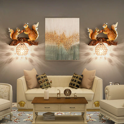 Contemporary Creative Squirrel Resin Crystal 1-Light Wall Sconce Lamp For Bedroom