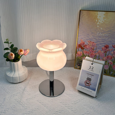 Traditional French Iron Glass Tulip Flower 1-Light Table Lamp For Bedside