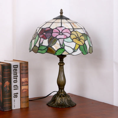 Traditional Tiffany Morning Glory Stained Glass Round 1-Light Table Lamp For Bedroom