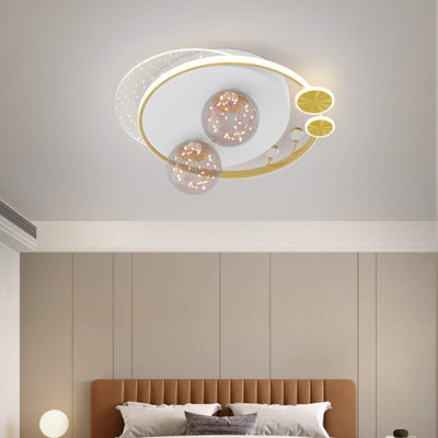 Contemporary Creative Kids Round Orb Moon Iron Acrylic LED Semi-Flush Mount Ceiling Light For Bedroom