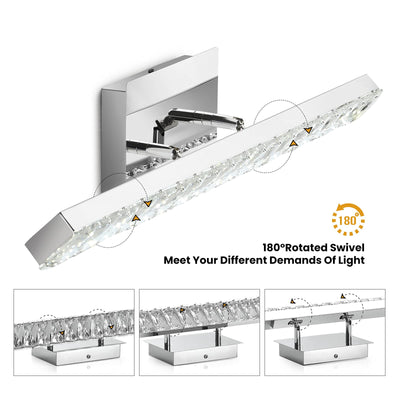 Modern Luxury Strip Rectangular Rotatable Stainless Steel Crystal LED Wall Sconce Lamp Vanity Light For Bathroom