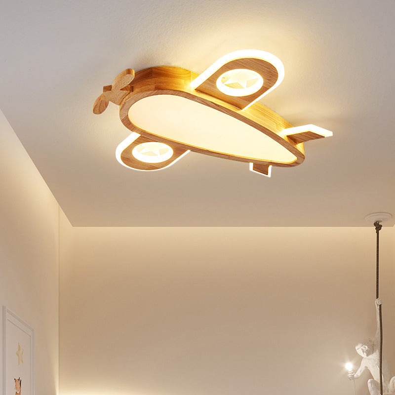 Contemporary Creative Woodgrain Cartoon Animal Bee Aircraft Acrylic LED Kids Flush Mount Ceiling Light For Living Room