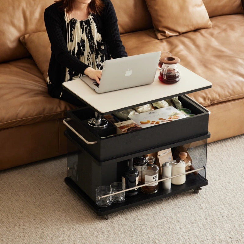 Modern Minimalist Rectangular Wood Slab Glass Stainless Steel End Table 3-Storage Liftable For Living Room