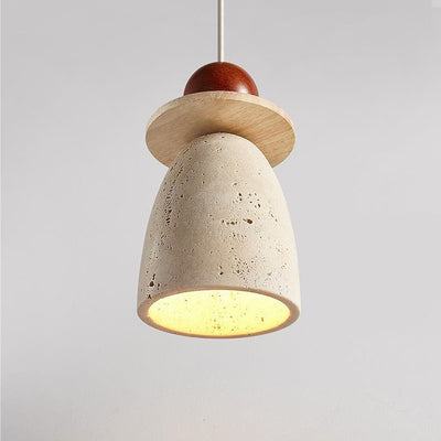 Traditional Japanese Semicircle Travertine Shade Wood 1-Light Pendant Light For Living Room