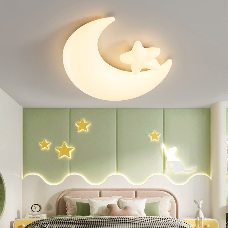 Modern Art Deco Moon Shaped Iron Acrylic LED Flush Mount Ceiling Light For Bedroom