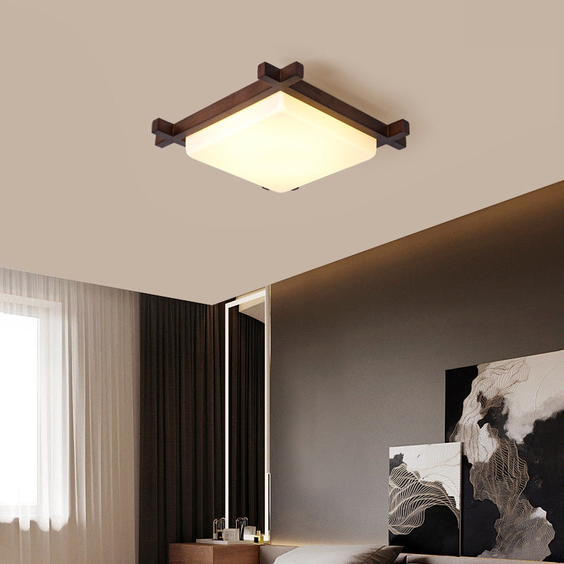 Traditional Chinese Square Wood Acrylic LED Flush Mount Ceiling Light For Bedroom