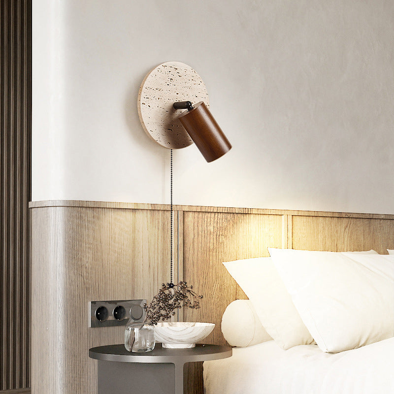 Modern Mid-Century Round Cylinder Solid Wood Beige Travertine 1-Light Wall Sconce Lamp For Bedroom