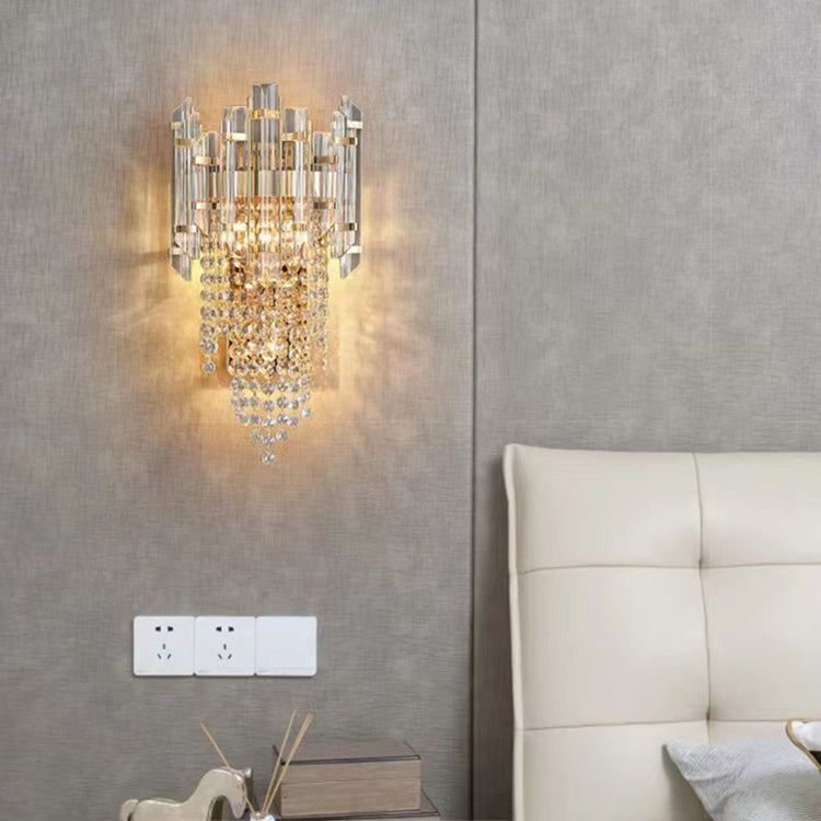 Modern Luxury Gold Stainless Steel Crystal Tassel 2-Light Wall Sconce Lamp For Living Room