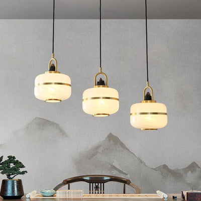 Traditional Chinese Copper Framed Glass Shade 1-Light Pendant Light For Living Room