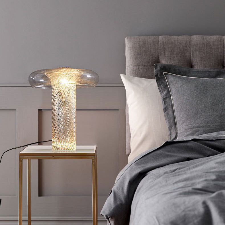 Contemporary Scandinavian Cylinder Circle Curved Stripe Iron Glass LED Table Lamp For Bedroom