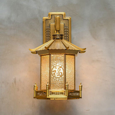 Traditional Chinese Waterproof Brass Stainless Steel Glass House Cylinder Conic 1-Light Wall Sconce Lamp For Outdoor Patio