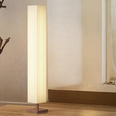 Traditional Japanese Column Rectangular Walnut Fabric LED Standing Floor Lamp For Living Room