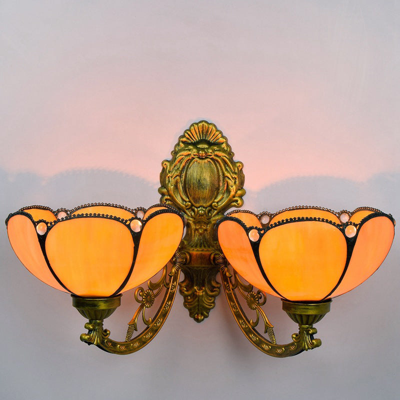 Traditional Tiffany Mediterranean Petal Stained Glass 2-Light Wall Sconce Lamp For Living Room