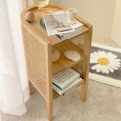 Traditional Japanese Half Oval Wood Rattan Nightstand 3-Tier For Bedroom