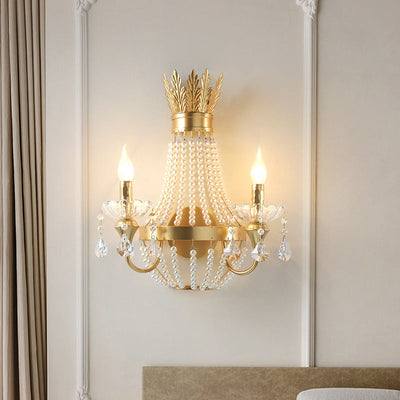 Modern Luxury Half Round Tassel Crystal Iron Pearl 2-Light Wall Sconce Lamp For Bedroom