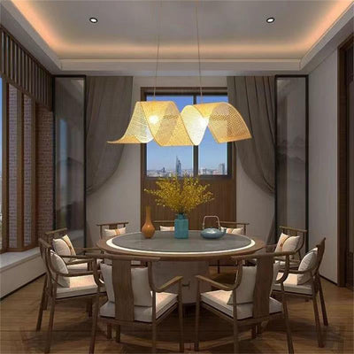 Traditional Japanese Bamboo Weaving Ribbon Shape 2/3-Light Chandelier For Dining Room