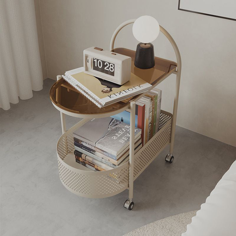 Contemporary Simplicity Round Glass Top Rolling Side Table 2-Tier Storage Iron Basket For Living Room