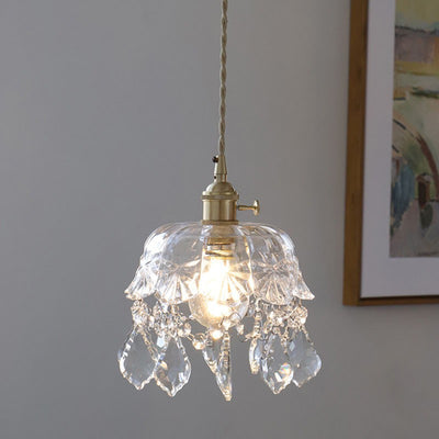 Modern Art Deco Brass Frame Crystal Round Glass Shade 1-Light Pendant Light For Living Room