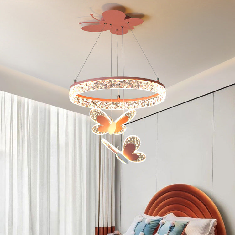 Contemporary Creative Kids Round Butterfly Iron Acrylic LED Chandelier For Bedroom