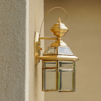 European Outdoor Hexagonal Cage Glass Copper 1-Light Waterproof Wall Sconce Lamp