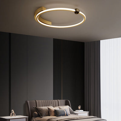 Modern Minimalist Full Copper Curved Line Round Shade LED Semi-Flush Mount Ceiling Light For Living Room