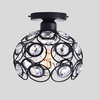 Modern Minimalist Round Dome Iron Crystal 1-Light Semi-Flush Mount Ceiling Light For Living Room