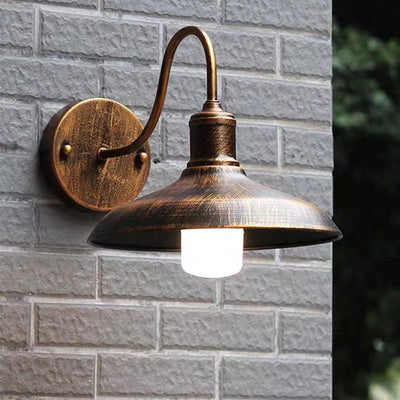 Contemporary Industrial Curved Pole Round Pot Lid Iron 1-Light Wall Sconce Lamp For Outdoor Patio