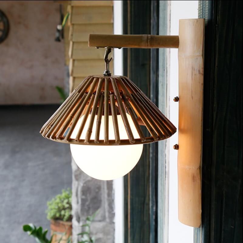 Modern Cone Bamboo Wood Rattan 1-Light Wall Sconce Lamp