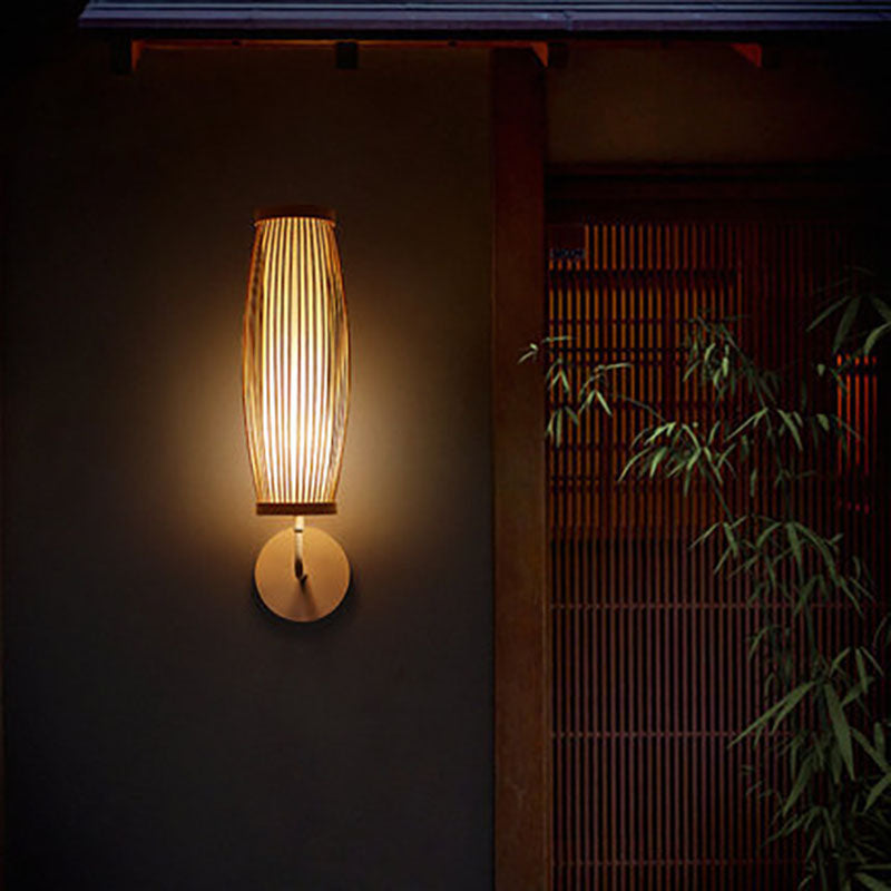 Traditional Japanese Oval Hand Woven Bamboo Fabric Metal 1-Light Wall Sconce Lamp For Bedroom