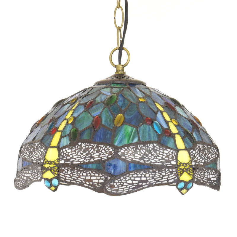 Traditional Tiffany Dragonfly Stained Glass Dome 1-Light Pendant Light For Living Room