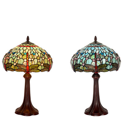 Traditional Tiffany Stained Glass Drum-Shaped Dragonfly 1-Light Table Lamp For Study