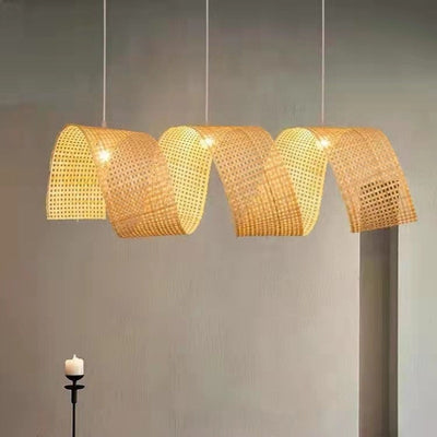 Traditional Japanese Bamboo Weaving Ribbon Shape 2/3-Light Chandelier For Dining Room