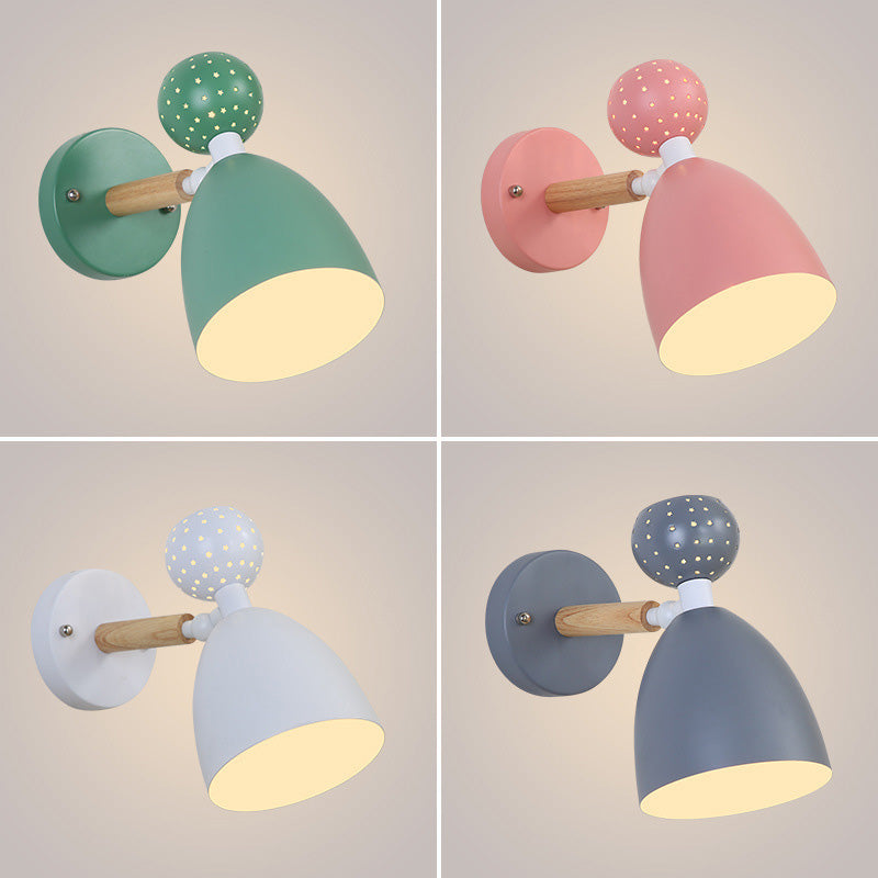 Contemporary Scandinavian Macaron Wood Iron Round 1-Light Wall Sconce Lamp For Living Room