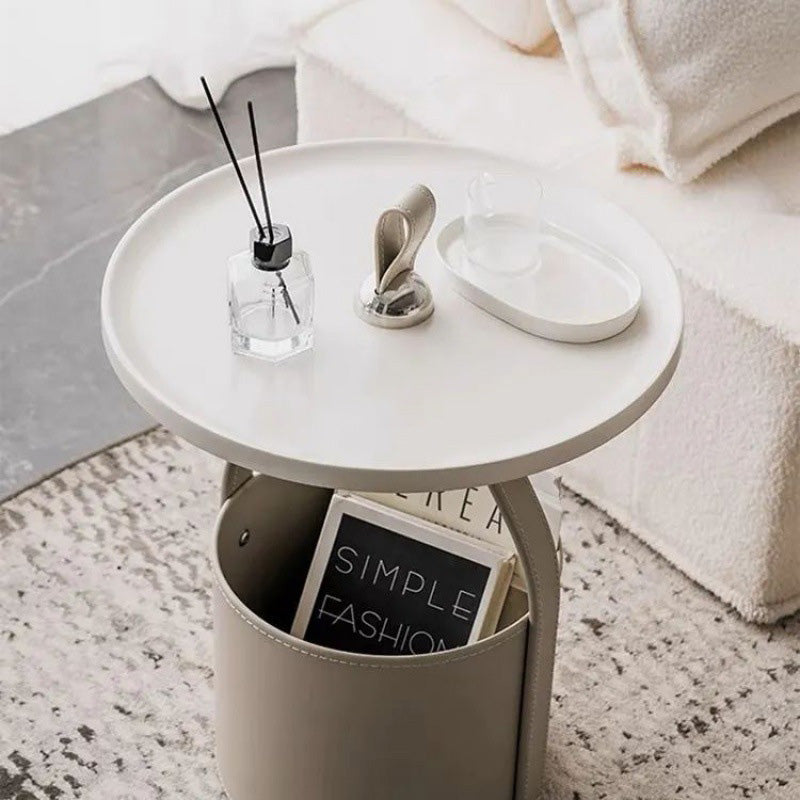 Contemporary Creative Round Barrel Leather Stainless Steel Coffee Table Tote For Living Room