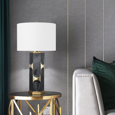 Modern Light Luxury Plated Ceramic Column Fabric 1-Light Table Lamp