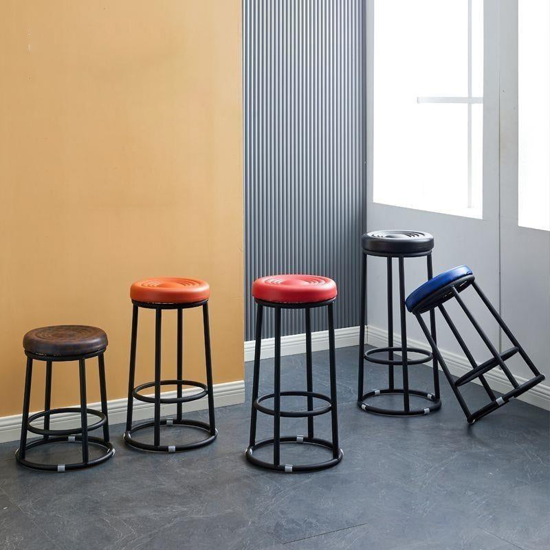 Tabouret de bar rond en cuir, acier au carbone, coton, métal avec repose-pieds pour cuisine 