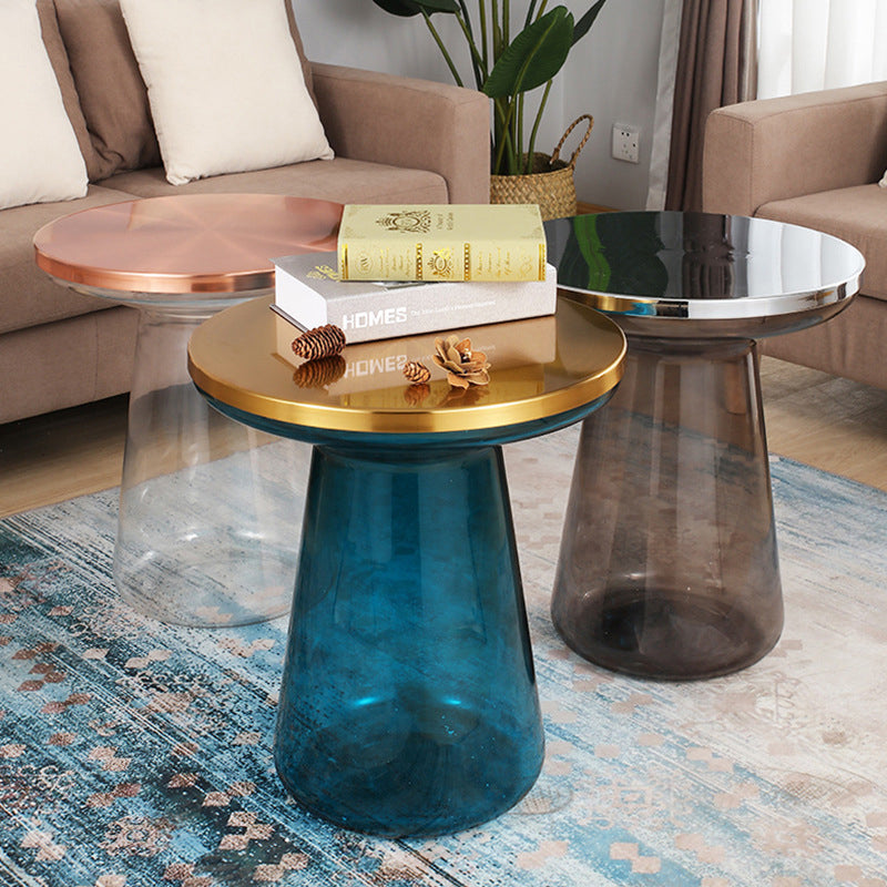 Contemporary Creative Cup Round Glass Electroplated Metal Coffee Table 1-Cabinet For Living Room