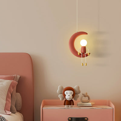 Contemporary Nordic Kids Iron Resin Glass Moon Doll 1-Light Pendant Light For Bedside