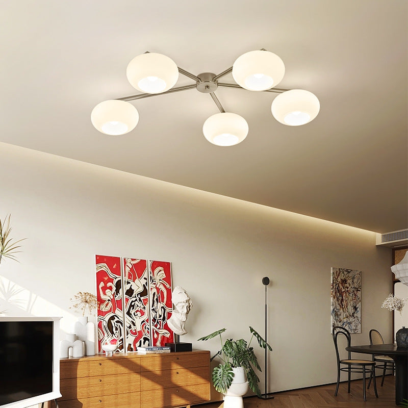 Modern Mid-Century Iron Glass Oval Shade 5-Light Semi-Flush Mount Ceiling Light For Living Room