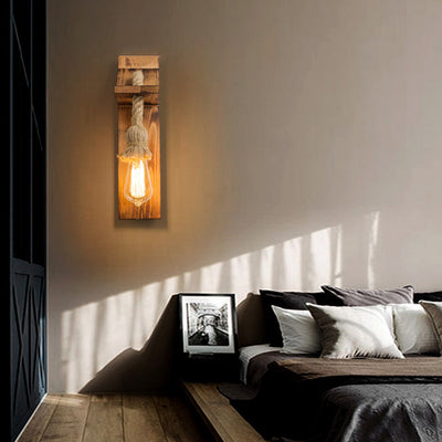 Contemporary Industrial Rectangular Wood Hemp Rope 1-Light Wall Sconce Lamp For Living Room