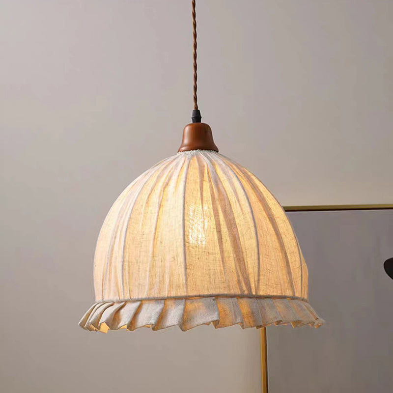 Contemporary Retro Hemispherical Lace Solid Wood Fabric 1-Light Pendant Light For Bedroom