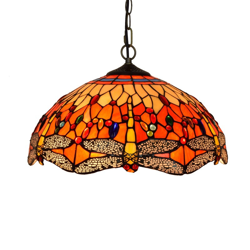 Traditional Tiffany Stained Glass Shade Dragonfly 1-Light Pendant Light For Living Room