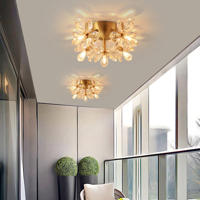 Modern Minimalist Flower Brass Crystal 3/5/6/7 Light Flush Mount Ceiling Light For Living Room