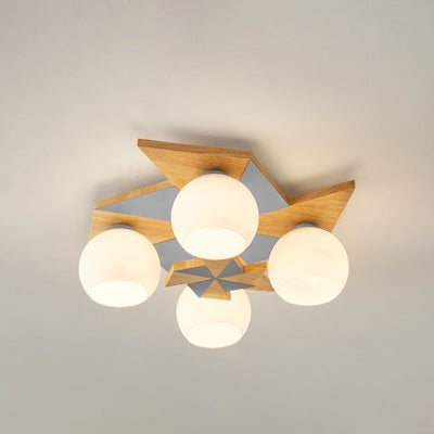 Contemporary Creative Windmill Orb Wood Iron Glass 4-Light Flush Mount Ceiling Light For Bedroom