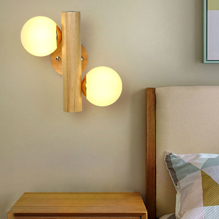 Contemporary Scandinavian Cylinder Orb Rubberwood Glass 2-Light Wall Sconce Lamp For Bedroom