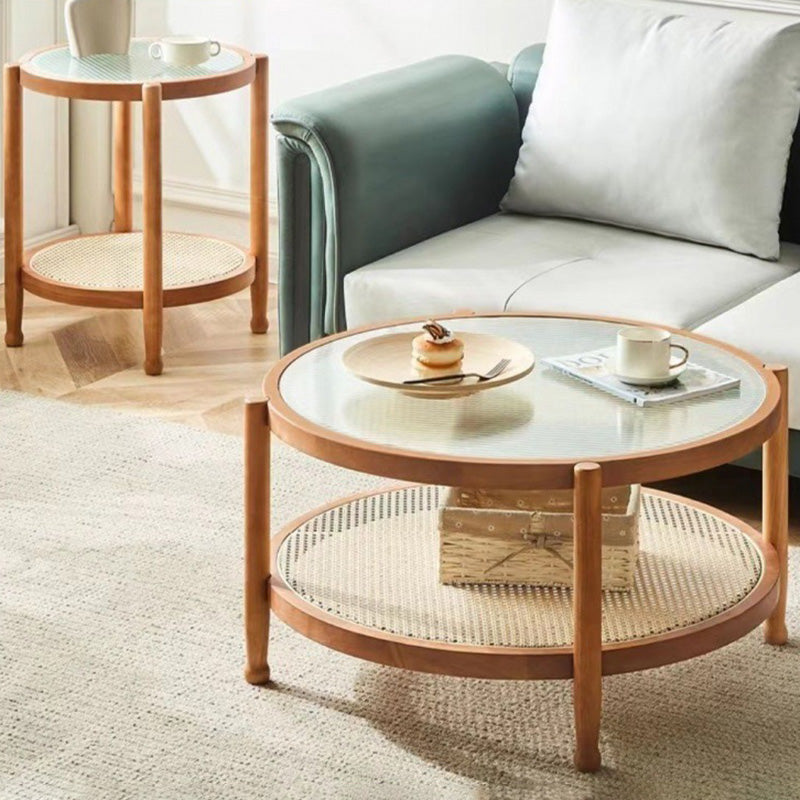 Modern Minimalist Round Horizontal Strip Glass Rattan Wooden Coffee Table 2-Tier For Living Room