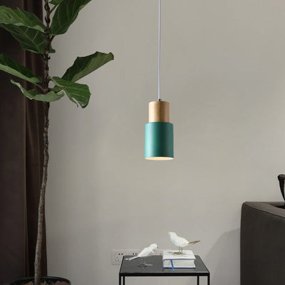 Contemporary Nordic Cylinder Hardware Wood 1-Light Pendant Light For Living Room